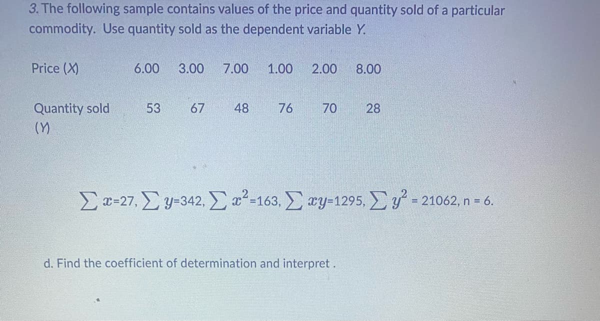 3. The following sample contains values of the price and quantity sold of a particular
commodity. Use quantity sold as the dependent variable Y.
Price (X)
Quantity sold
(Y)
6.00 3.00
53
67
7.00
48
1.00
76
2.00 8.00
70
28
Σæ=27, Σy=342, Σ 2 =163, Σ wy=1295, Σ υ = 21062, n = 6.
d. Find the coefficient of determination and interpret.