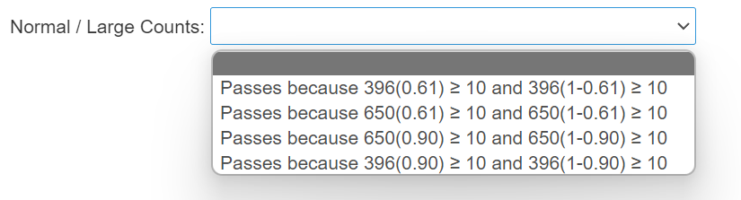 Normal / Large Counts:
Passes because 396(0.61) > 10 and 396(1-0.61) > 10
Passes because 650(0.61) 2 10 and 650(1-0.61) > 10
Passes because 650(0.90) > 10 and 650(1-0.90) > 10
Passes because 396(0.90) > 10 and 396(1-0.90) > 10
