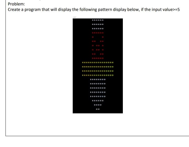 Problem:
Create a program that will display the following pattern display below, if the input value>=5
