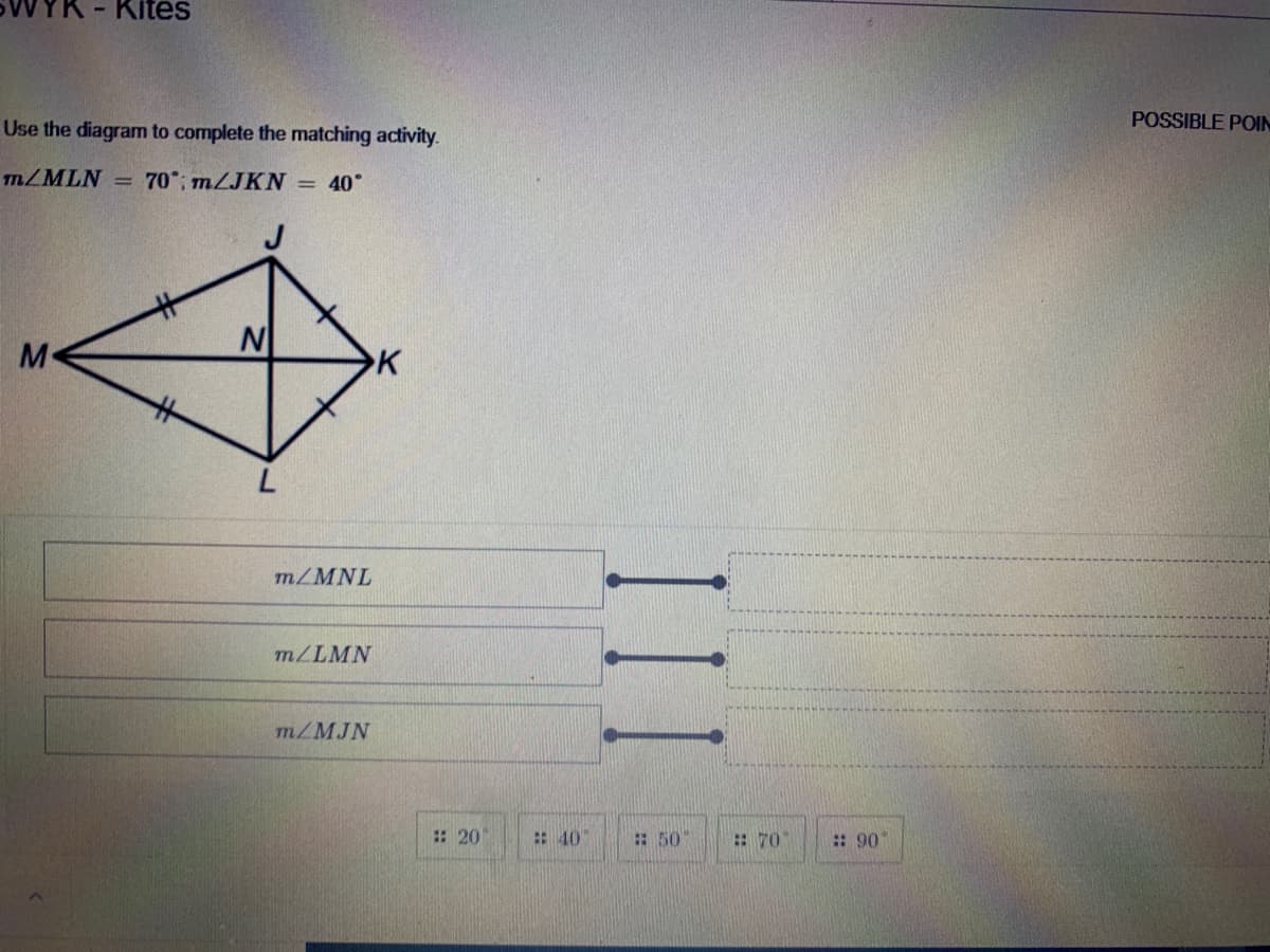 - Kites
POSSIBLE POIN
Use the diagram to complete the matching activity.
LZMLN
70 ; mZJKN = 40°
%3D
M
N
K
水
m/MNL
MZLMN
MZMJN
:: 20
: 40
: 50
: 70
:: 90
