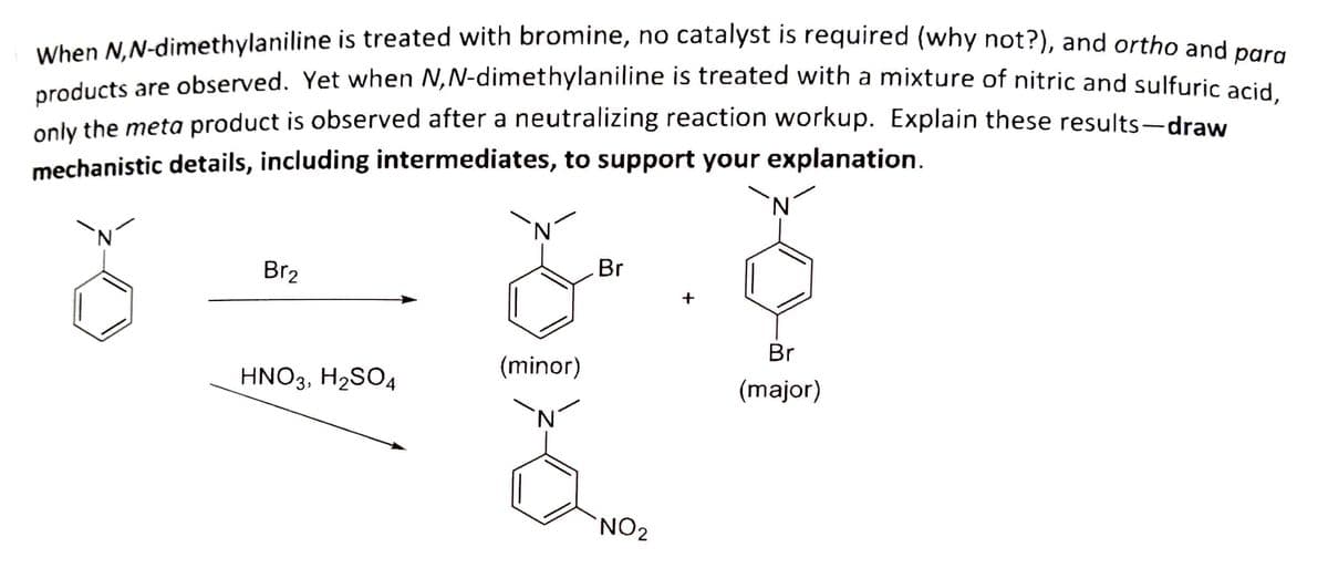 When N.N-dimethylaniline is treated with bromine, no catalyst is required (why not?), and ortho and nara
educts are observed. Yet when N,N-dimethylaniline is treated with a mixture of nitric and sulfuric acid
only the meta product is observed after a neutralizing reaction workup. Explain these results-draw
mechanistic details, including intermediates, to support your explanation.
Br2
Br
+
Br
HNO3, H2SO4
(minor)
(major)
NO2
