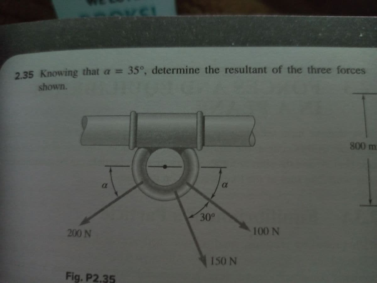 2.35 Knowing that a = 35°, determine the resultant of the three forces
shown.
800m
30°
200 N
100 N
150 N
Fig. P2.35
