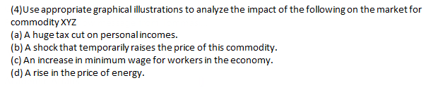 (4)Use appropriate graphical illustrations to analyze the impact of the following on the market for
commodity XYZ
(a) A huge tax cut on personalincomes.
(b) A shock that temporarily raises the price of this commodity.
(c) An increase in minimum wage for workers in the economy.
(d) A rise in the price of energy.
