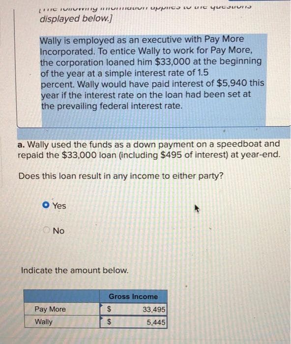 LITE PROving mor mation applies to the questi
displayed below.]
Wally is employed as an executive with Pay More
Incorporated. To entice Wally to work for Pay More,
the corporation loaned him $33,000 at the beginning
of the year at a simple interest rate of 1.5
percent. Wally would have paid interest of $5,940 this
year if the interest rate on the loan had been set at
the prevailing federal interest rate.
a. Wally used the funds as a down payment on a speedboat and
repaid the $33,000 loan (including $495 of interest) at year-end.
Does this loan result in any income to either party?
O Yes
No
Indicate the amount below.
Pay More
Wally
Gross Income
$
$
33,495
5,445