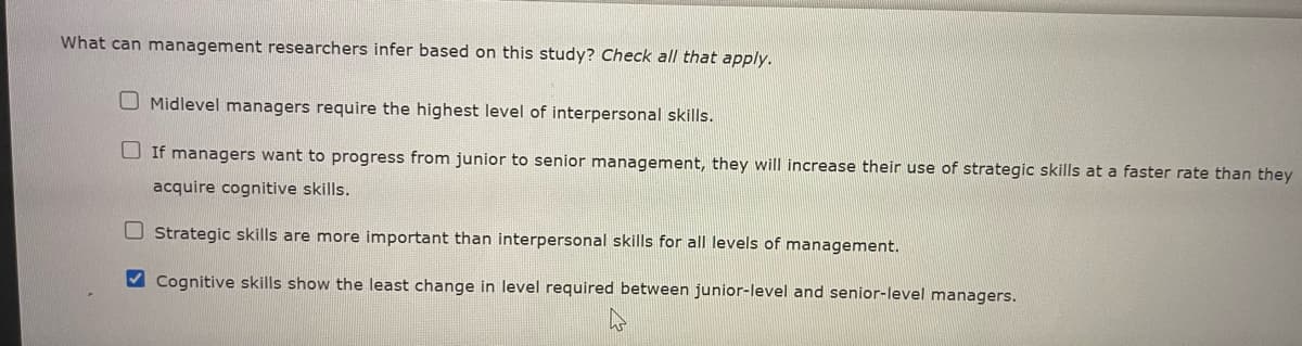What can management researchers infer based on this study? Check all that apply.
Midlevel managers require the highest level of interpersonal skills.
If managers want to progress from junior to senior management, they will increase their use of strategic skills at a faster rate than they
acquire cognitive skills.
Strategic skills are more important than interpersonal skills for all levels of management.
Cognitive skills show the least change in level required between junior-level and senior-level managers.
