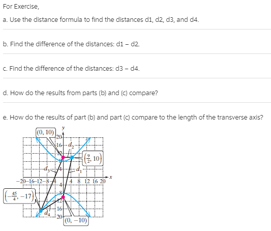 For Exercise,
a. Use the distance formula to find the distances d1, d2, d3, and d4.
b. Find the difference of the distances: d1 – d2.
C. Find the difference of the distances: d3 – d4.
d. How do the results from parts (b) and (c) compare?
e. How do the results of part (b) and part
compare to the length of the transverse axis?
y
(0, 10)
16--d,-
( 10)
-20-16-12-
12 16 20
(4-17}
(0, –10)
