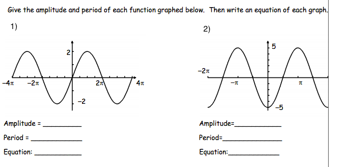 Give the amplitude and period of each function graphed below. Then write an equation of each graph.
1)
2)
VA
-2n
-4T
-2n
-2
Amplitude=
Period=
Amplitude =
Period =
Equation:
Equation:
