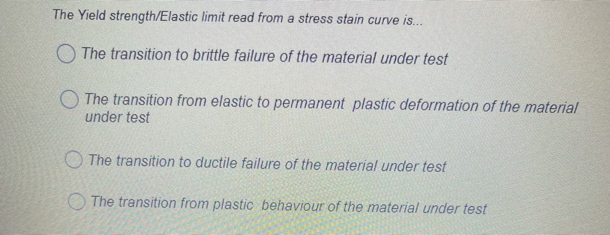 The Yield strength/Elastic limit read from a stress stain curve is...
O The transition to brittle failure of the material under test
The transition from elastic to permanent plastic deformation of the material
under test
O The transition to ductile failure of the material under test
O The transition from plastic behaviour of the material under test
