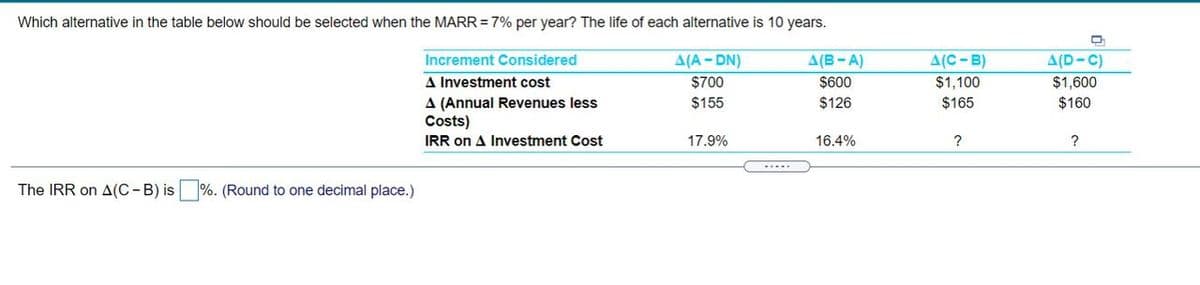 Which alternative in the table below should be selected when the MARR = 7% per year? The life of each alternative is 10 years.
Increment Considered
A(A - DN)
A(B-A)
A(C-B)
A(D-C)
A Investment cost
A (Annual Revenues less
Costs)
$700
$600
$1,100
$1,600
$155
$126
$165
$160
IRR on A Investment Cost
17.9%
16.4%
?
.....
The IRR on A(C-B) is %. (Round to one decimal place.)
