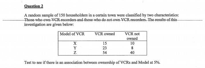 Question 2
A random sample of 150 householders in a certain town were classified by two characteristics:
Those-who-own-VCR-recorders-and-those-who-do-not-own-VCR-recorders. The results-of this-
investigation are given below:
Model of VCR
VCR owned
VCR not
owned
X
15
10
Y
23
54
8
40
Test to see if there is an association between ownership of VCRS and Model at 5%.
