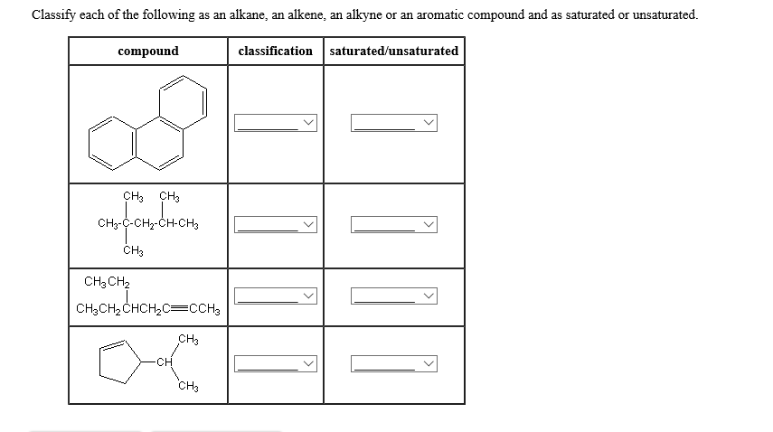 alkyne
or an aromatic compound and as saturated or unsaturated
Classify each of the following
as an alkane, an alkene, an
classification saturated/unsaturated
compound
ҫHз ҫнз
CH3-C-CH2-CH-CH3
CH3
CHз CHz
CH;CH-CHCH2C—ССH;
Cнз
CH
CH3
