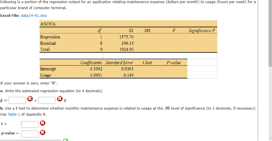 Following is a portion of the regression output for an application relating maintenance expense (dollars per month) to usage (hours per week) for a
particular brand of computer terminal.
Excel File: data14-41.xlsx
ANOVA
Significance F
df
SS
MS
Regression
Residual
1575.76
349.14
Total
1924.90
Coefficients Standard Error
P-value
t Stat
Intercept
6.1092
0.9361
0.149
Usage
0.8951
If your answer is zero, enter "0".
a. Write the estimated regression equation (to 4 decimals).
b. Use a t test to determine whether monthly maintenance expense is related to usage at the .05 level of significance (to 2 decimals, if necessary).
Use Table 1 of Appendix B.
p-value =
