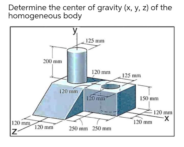 Determine the center of gravity (x, y, z) of the
homogeneous body
125 mm
200 mm
120 mm
125 mm
120 mm
120 mm
150 mm
120 mm
X-
120 mm
120 mm
120 mm
250 mm 250 mm
