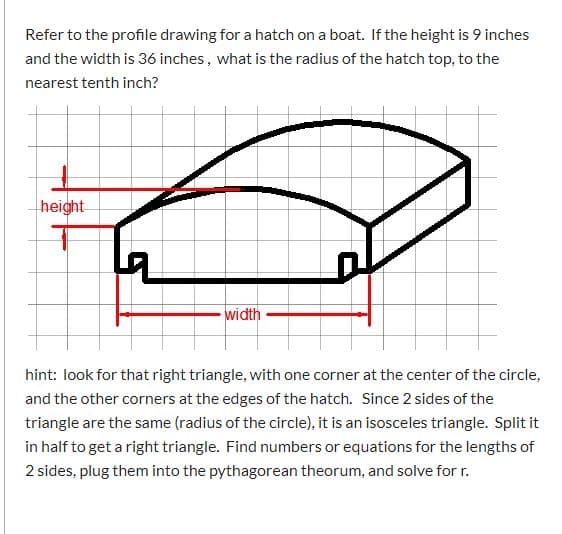 Refer to the profile drawing for a hatch on a boat. If the height is 9 inches
and the width is 36 inches, what is the radius of the hatch top, to the
nearest tenth inch?
height
width
hint: look for that right triangle, with one corner at the center of the circle,
and the other corners at the edges of the hatch. Since 2 sides of the
triangle are the same (radius of the circle), it is an isosceles triangle. Split it
in half to get a right triangle. Find numbers or equations for the lengths of
2 sides, plug them into the pythagorean theorum, and solve for r.
