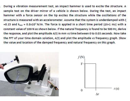 During a vibration measurement test, an impact hammer is used to excite the structure. A
sample test on the driver mirror of a vehicle is shown below. During the test, an impact
hammer with a force sensor on the tip excites the structure while the oscillations of the
structure is measured with an accelerometer. Assume that the system is underdamped with
=0.15 and keqv = 0.8x10' N/m. The force is applied in a short time period (At=1 ms) with a
constant value of 100 N as shown below. If the natural frequency is found to be 500 Hz, derive
the response, and plot the amplitude A(t) in mm vs time between 0 to 0.03 seconds. Now take
the FFT of your time domain solution, A(t) and plot the amplitude vs frequency graph. Show
the value and location of the damped frequency and natural frequency on this graph.
f(N)
F-
ΔΙ
t(s)