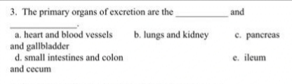 3. The primary organs of excretion are the
a. heart and blood vessels
and gallbladder
d. small intestines and colon
and cecum
b. lungs and kidney
and
c. pancreas
e. ileum