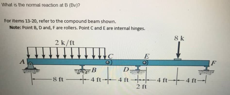 What is the normal reaction at B (Bv)?
For items 13-20, refer to the compound beam shown.
Note: Point B, D and, F are rollers. Point C and E are internal hinges.
8 k
2 k/ft
E
F
D
-I
+4 ft- 4 ft 4 ft-
2 ft
4 ft-
