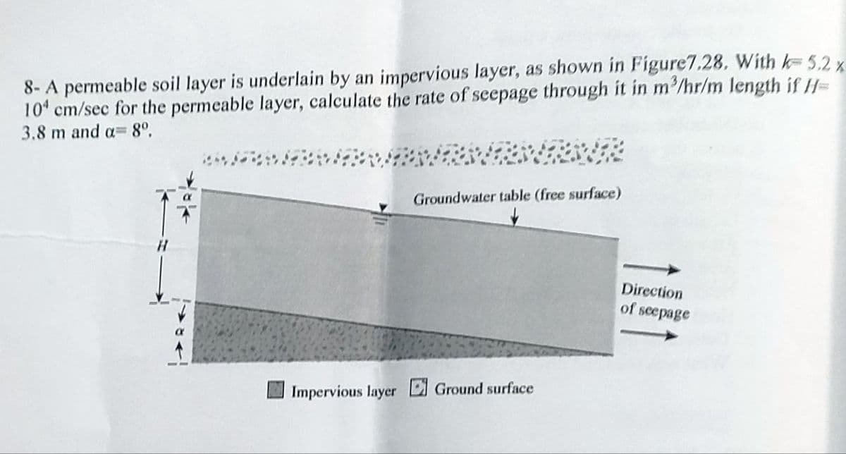 8- A permeable soil layer is underlain by an impervious layer, as shown in Figure7.28. With k= 5.2 x
104 cm/sec for the permeable layer, calculate the rate of seepage through it in m³/hr/m length if //=
3.8 m and a= 8º,
72
Groundwater table (free surface)
Impervious layer Ground surface
Direction
of seepage