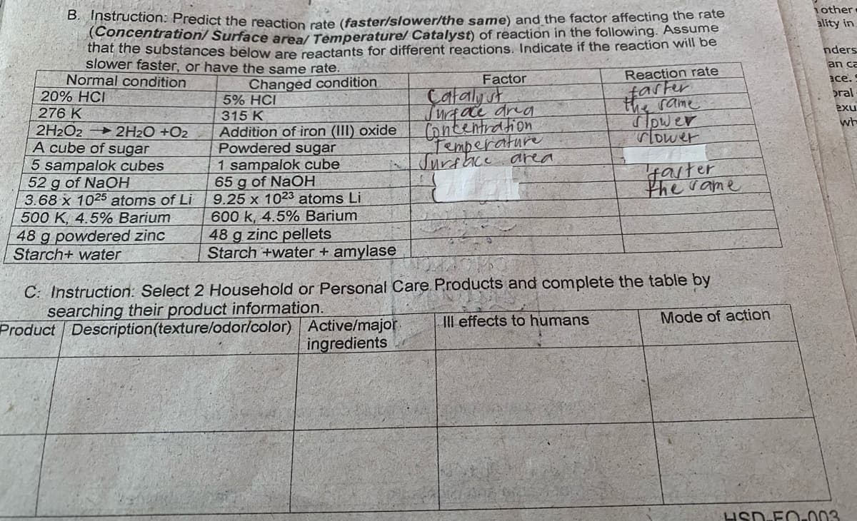 hother
B. Instruction: Predict the reaction rate (faster/slower/the same) and the factor affecting the rate
(Concentration/ Šurface area/ Temperature/ Catalyst) of reaction in the following. Assume
that the substances below are reactants for different reactions. Indicate if the reaction will be
slower faster, or have the same rate.
Normal condition
ality in
nders
an ca
Factor
Reaction rate
Changed condition
5% HCI
ace.
Çataly st
pral
Haster
20% HCI
Jurface dra
Contentration
Temperature
the rame
ower
rlower
exu
276 K
315 K
wh
2H2O2 → 2H2O +O2
A cube of sugar
5 sampalok cubes
52 g of NaOH
3.68 x 1025 atoms of Li
500 K, 4.5% Barium
48 g powdered zinc
Starch+ water
Addition of iron (III) oxide
Powdered sugar
1 sampalok cube
65 g of NAOH
9.25 x 1023 atoms Li
600 k, 4.5% Barium
48 g zinc pellets
Starch +water + amylase
Surabce area
taster
the rame
C: Instruction: Select 2 Household or Personal Care Products and complete the table by
searching their product information.
Product Description(texture/odor/color) Active/major
IIl effects to humans
Mode of action
ingredients
USD EO003
