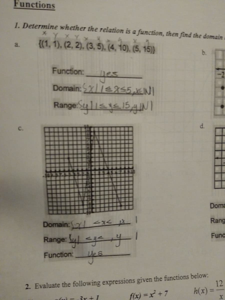 1. Determine whether the relation is a function, then find the domain
{(1, 1), (2, 2), (3, 5), (4, 10), (5, 15)}
b.
a.
Function: es
Domain: 2/|€855,XEINI
Range:Suliss15gNI
