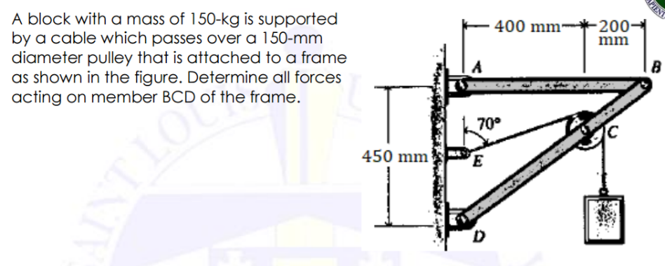 PIENT
200-
400 mm-
A block witha mass of 150-kg is supported
by a cable which passes over a 150-mm
diameter pulley that is attached to a frame
as shown in the figure. Determine all forces
acting on member BCD of the frame.
mm
B
70°
450 mm
OTINY
