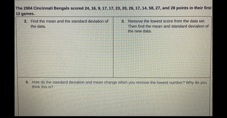The 2004 Cincinnati Bengals scored 24, 16, 9, 17, 17, 23, 20, 26, 17, 14, 58, 27, and 28 points in their first
13 games.
2. Find the mean and the standard deviation of
the data.
3. Remove the lowest score from the data set.
Then find the mean and standard deviation of
the new data.
4. How do the standard deviation and mean change when you remove the lowest number? Why do you
think this is?
