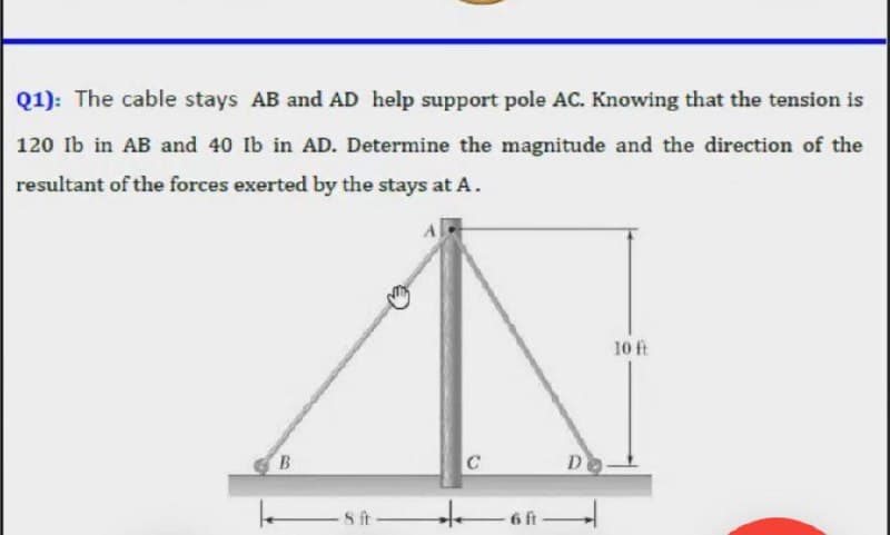 Q1): The cable stays AB and AD help support pole AC. Knowing that the tension is
120 Ib in AB and 40 Ib in AD. Determine the magnitude and the direction of the
resultant of the forces exerted by the stays at A.
10 ft
B.
D
6 ft
