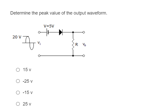 Determine the peak value of the output waveform.
V=5V
20 V
R Vo
О 15 v
О-25 v
O -15 v
O 25 v
