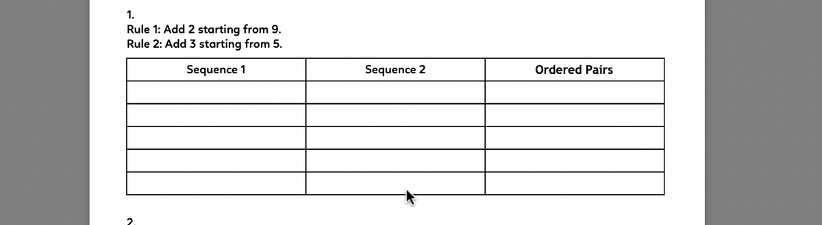 1.
Rule 1: Add 2 starting from 9.
Rule 2: Add 3 starting from 5.
Sequence 1
Sequence 2
Ordered Pairs
2.
