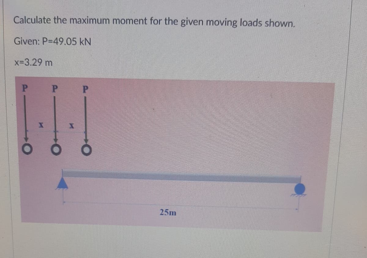 Calculate the maximum moment for the given moving loads shown.
Given: P-49.05 kN
x-3.29 m
25m
