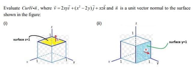 Evaluate Curlvñ , where v= 2xyi +(x² – 2y)j+ xzk and ñ is a unit vector normal to the surface
shown in the figure:
(i)
(ii)
surface z=i
surface y=1
