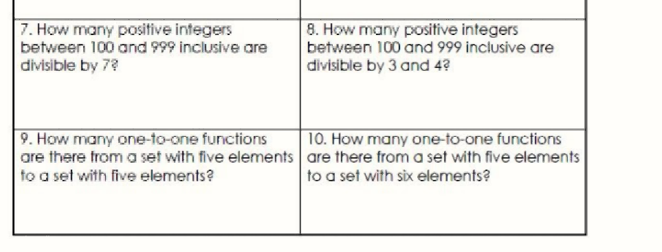 7. How many positive integers
between 100 and 999 inclusive are
divisible by 7?
8. How many positive integers
between 100 and 999 inclusive are
divisible by 3 and 4?
9. How many one-to-one functions
are there from a set with five elements are there from a set with five elements
to a set with five elements?
10. How many one-to-one functions
to a set with six elements?
