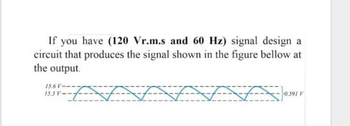 If you have (120 Vr.m.s and 60 Hz) signal design a
circuit that produces the signal shown in the figure bellow at
the output.
15.6 V--
15.3 V--7
0.59
