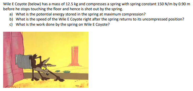 Wile E Coyote (below) has a mass of 12.5 kg and compresses a spring with spring constant 150 N/m by 0.90 m
before he stops touching the floor and hence is shot out by the spring.
a) What is the potential energy stored in the spring at maximum compression?
b) What is the speed of the Wile E Coyote right after the spring returns to its uncompressed position?
c) What is the work done by the spring on Wile E Coyote?
