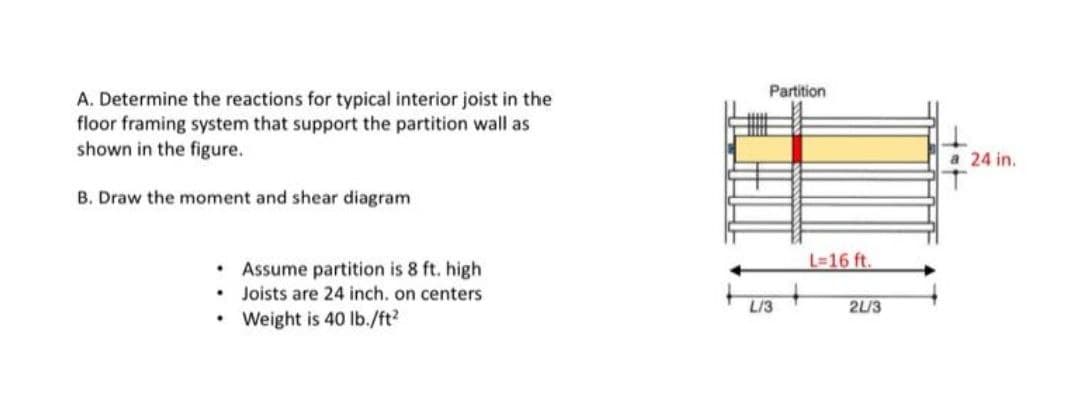 Partition
A. Determine the reactions for typical interior joist in the
floor framing system that support the partition wall as
shown in the figure.
a 24 in.
B. Draw the moment and shear diagram
L=16 ft.
• Assume partition is 8 ft. high
• Joists are 24 inch. on centers
Weight is 40 Ib./ft?
L/3
2L/3
