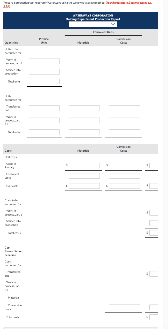 Prepare a production cost report for Waterways using the weighted-average method. (Round unit costs to 2 decimal places, e.g.
2.25.)
Quantities
Units to be
accounted for
Work in
process, Jan. 1
Started into
production
Total units
Units
accounted for
Transferred
out
Work in
process, Jan.
31
Total units
Costs
Unit costs
Costs in
January
Equivalent
units
Unit costs
Costs to be
accounted for
Work in
process, Jan. 1
Started into
production
Total costs
Cost
Reconciliation
Schedule
Costs
accounted for
Transferred
out
Work in
process, Jan.
31
Materials
Conversion
costs
Total costs
Physical
Units
WATERWAYS CORPORATION
Molding Department Production Report
V
$
$
Materials
Materials
Equivalent Units
Conversion
Costs
Conversion
Costs
$
$
$
$
$
JUI
$