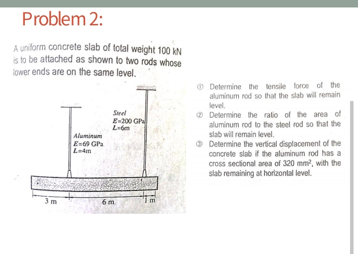 Problem 2:
A uniform concrete slab of total weight 100 kN
is to be attached as shown to two rods whose
lower ends are on the same level.
O Determine the tensile force of the
aluminum rod so that the slab will remain
ievel.
® Determine the ratio of the area of
aluminum rod to the steel rod so that the
Steel
E=200 GPa
L=6m
Aluminum
E=69 GPa
L=4m
slab will remain level.
Determine the vertical displacement of the
concrete slab if the aluminum rod has a
cross sectional area of 320 mm?, with the
slab remaining at horizontal level.
3 m
6 m
m
