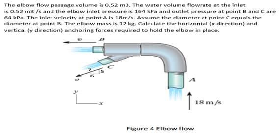 The elbow flow passage volume is 0.52 m3. The water volume flowrate at the inlet
is 0.52 m3 /s and the elbow inlet pressure is 164 kPa and outlet pressure at point B and C are
64 kPa. The inlet velocity at point A is 18m/s. Assume the diameter at point C equals the
diameter at point B. The elbow mass is 12 kg. Calculate the horizontal (x direction) and
vertical (y direction) anchoring forces required to hold the elbow in place.
|18 m/s
Figure 4 EIbow flow
