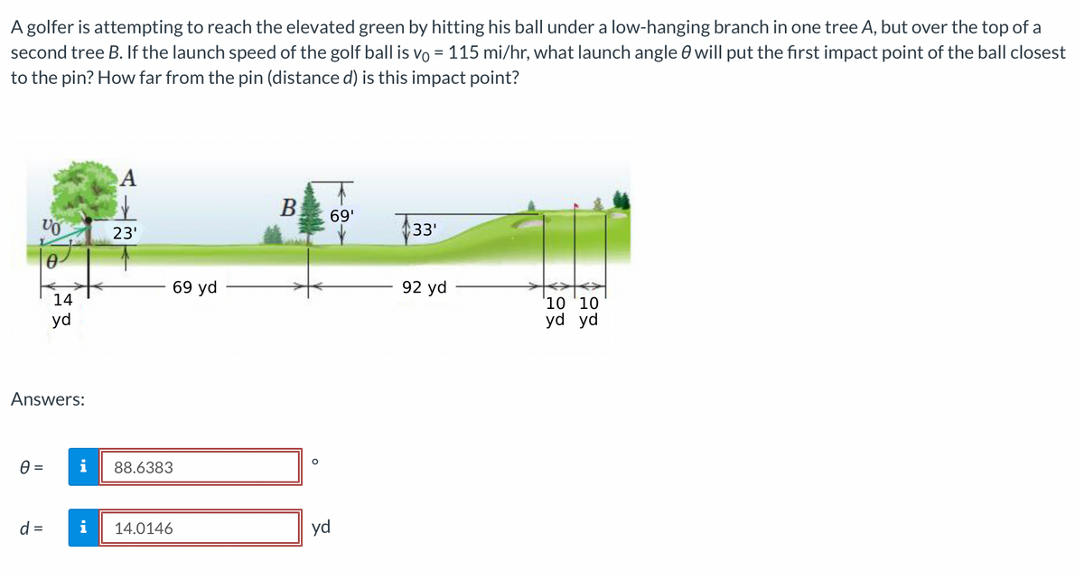 A golfer is attempting to reach the elevated green by hitting his ball under a low-hanging branch in one tree A, but over the top of a
second tree B. If the launch speed of the golf ball is vo = 115 mi/hr, what launch angle will put the first impact point of the ball closest
to the pin? How far from the pin (distance d) is this impact point?
VO
Answers:
0 =
14
yd
d =
i
i
A
23'
69 yd
88.6383
14.0146
B
O
yd
69'
33'
92 yd
10 10
yd yd