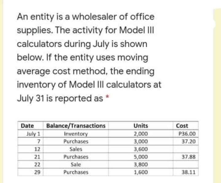 An entity is a wholesaler of office
supplies. The activity for Model III
calculators during July is shown
below. If the entity uses moving
average cost method, the ending
inventory of Model IlI calculators at
July 31 is reported as *
Balance/Transactions
Inventory
Date
Units
Cost
July 1
P36.00
2,000
3,000
7
Purchases
37.20
12
Sales
3,600
21
Purchases
37.88
5,000
3,800
22
Sale
29
Purchases
1,600
38.11
