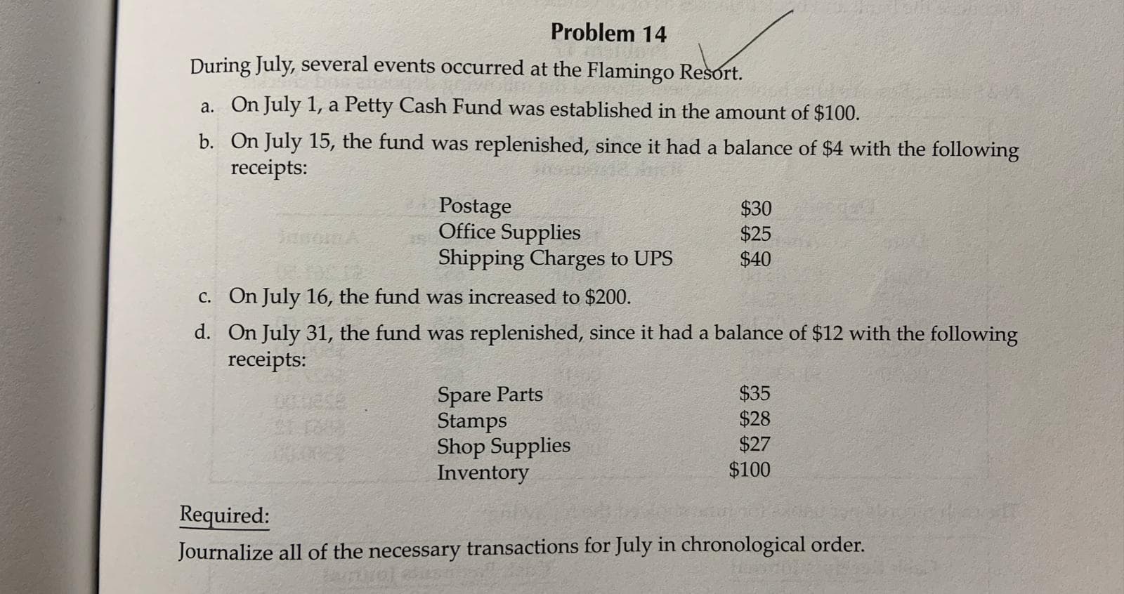 Problem 14
During July, several events occurred at the Flamingo Resort.
a. On July 1, a Petty Cash Fund was established in the amount of $100.
b. On July 15, the fund was replenished, since it had a balance of $4 with the following
receipts:
Postage
Office Supplies
Shipping Charges to UPS
$30
$25
$40
On July 16, the fund was increased to $200.
c.
d.
On July 31, the fund was replenished, since it had a balance of $12 with the following
receipts:
Spare Parts
Stamps
Shop Supplies
Inventory
$35
$28
$27
$100
03:08
Required:
Journalize all of the necessary transactions for July in chronological order.
