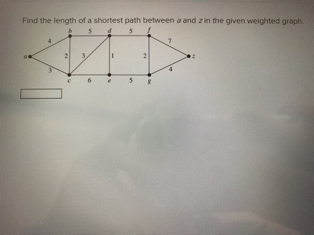 Find the length of a shortest path between a and z in the given weighted graph.
5 d
5
#
2
1
6
al
4
3
e
5
2
7