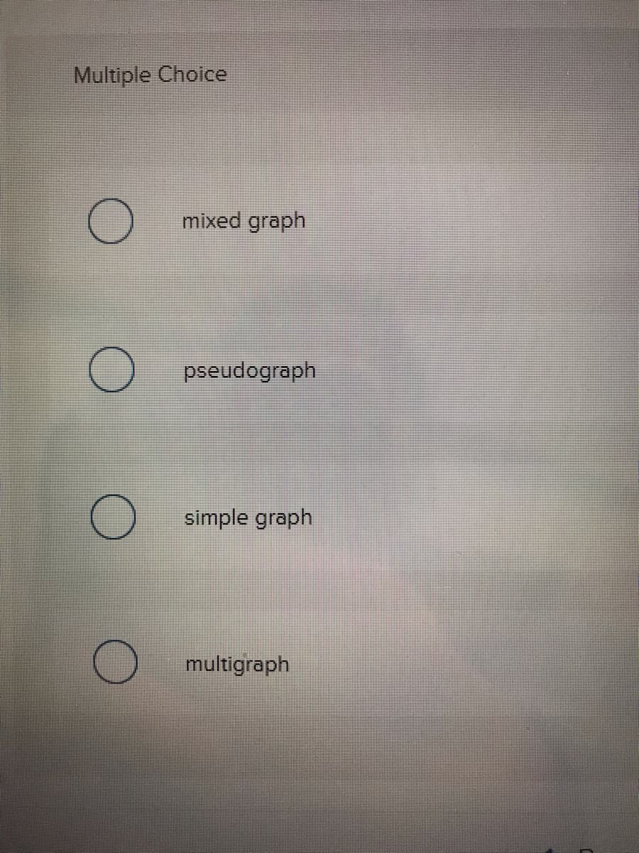 Multiple Choice
O
O
O
mixed graph
pseudograph
simple graph
multigraph