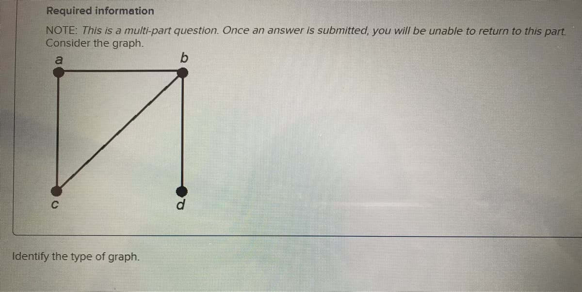 Required information
NOTE: This is a multi-part question. Once an answer is submitted, you will be unable to return to this part.
Consider the graph.
a
Identify the type of graph.
b