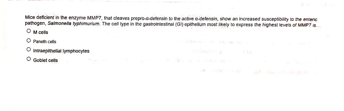 Mice deficient in the enzyme MMP7, that cleaves prepro-a-defensin to the active a-defensin, show an increased susceptibility to the enteric
pathogen, Salmonella typhimurium. The cell type in the gastrointestinal (GI) epithelium moșt likely to express the highest levels of MMP7 is.
O M cells
O Paneth cells
Intraepithelial lymphocytes
O Goblet cells
