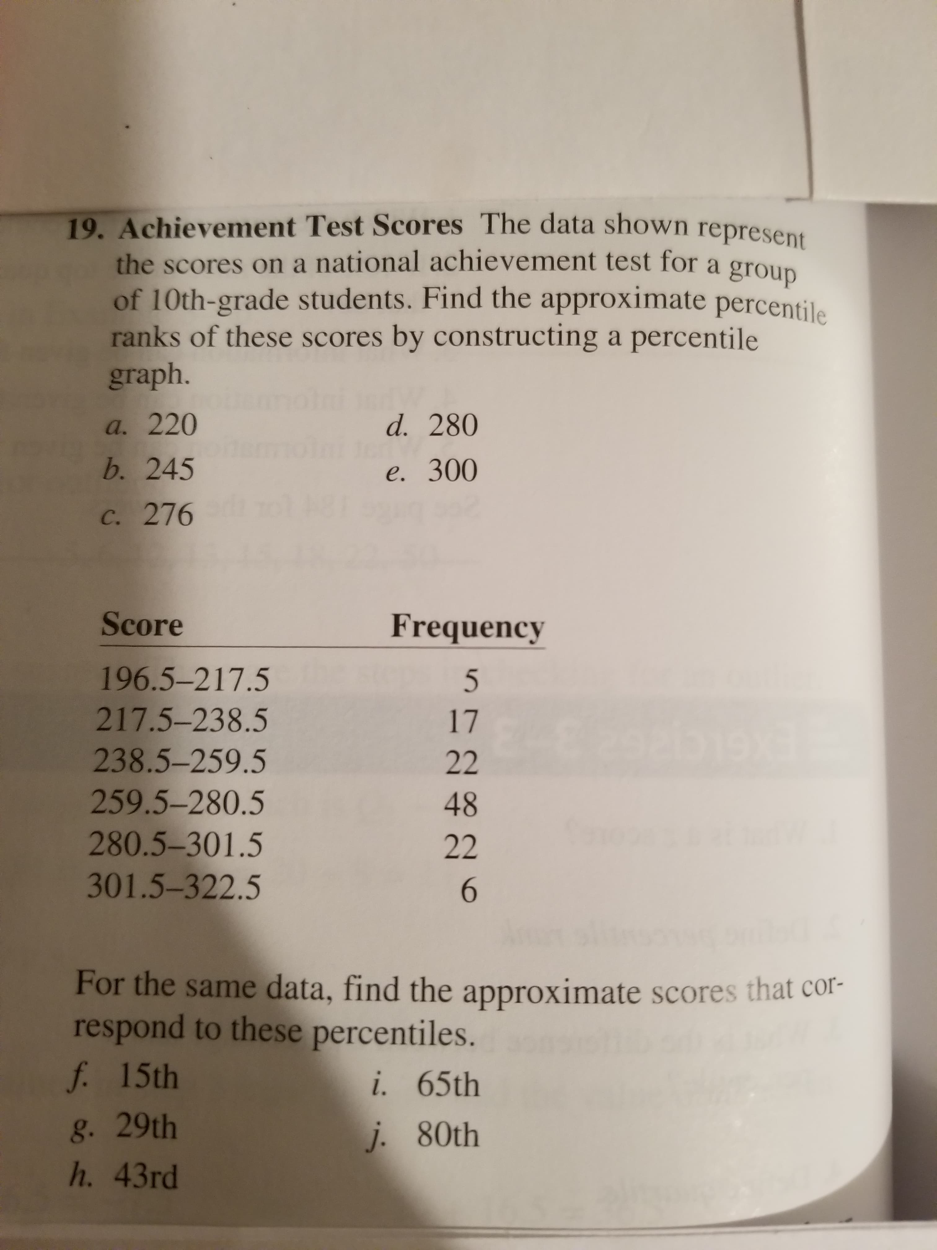 19. Achievement Test Scores The data shown represen
the scores on a national achievement test for a group
of 10th-grade students. Find the approximate percentile
ranks of these scores by constructing a percentile
graph.
a. 220
b. 245
c. 276
d. 280
e. 300
Score
196.5-217.5
217.5-238.5
238.5-259.5
259.5-280.5
280.5-301.5
301.5-322.5
Frequency
17
48
For the same data, find the approximate scores that cor-
respond to these percentiles.
f 15th
g. 29th
h. 43rd
i. 65th
j. 80th
