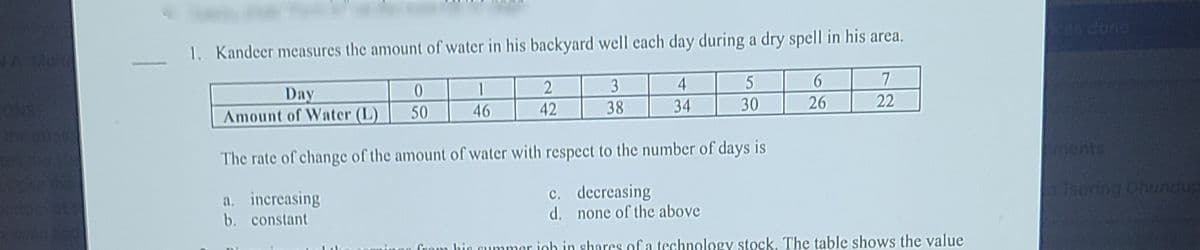 es done
LA Mu
1. Kandeer measures the amount of water in his backyard well each day during a dry spell in his area.
1
2
3
4
6.
7
Day
Amount of Water (L)
ONS
34
30
26
22
50
46
42
38
The rate of change of the amount of water with respect to the number of days is
ments
7uering Ohundus
a. increasing
b. constant
c. decreasing
d. none of the above
hin cummor inh in shares of a technology stock, The table shows the value
