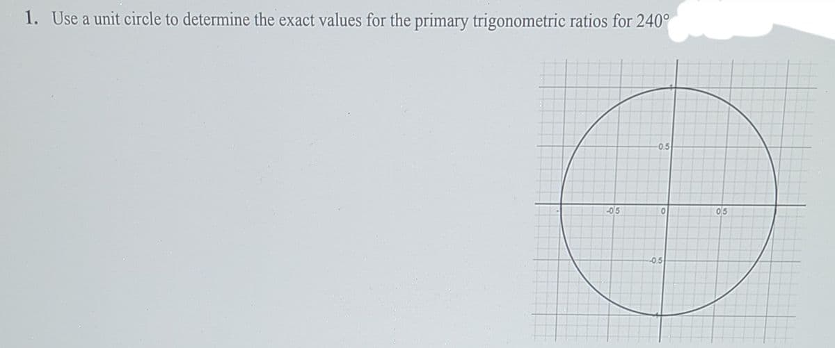 1. Use a unit circle to determine the exact values for the primary trigonometric ratios for 240°
0.5
-05
05
0.5
