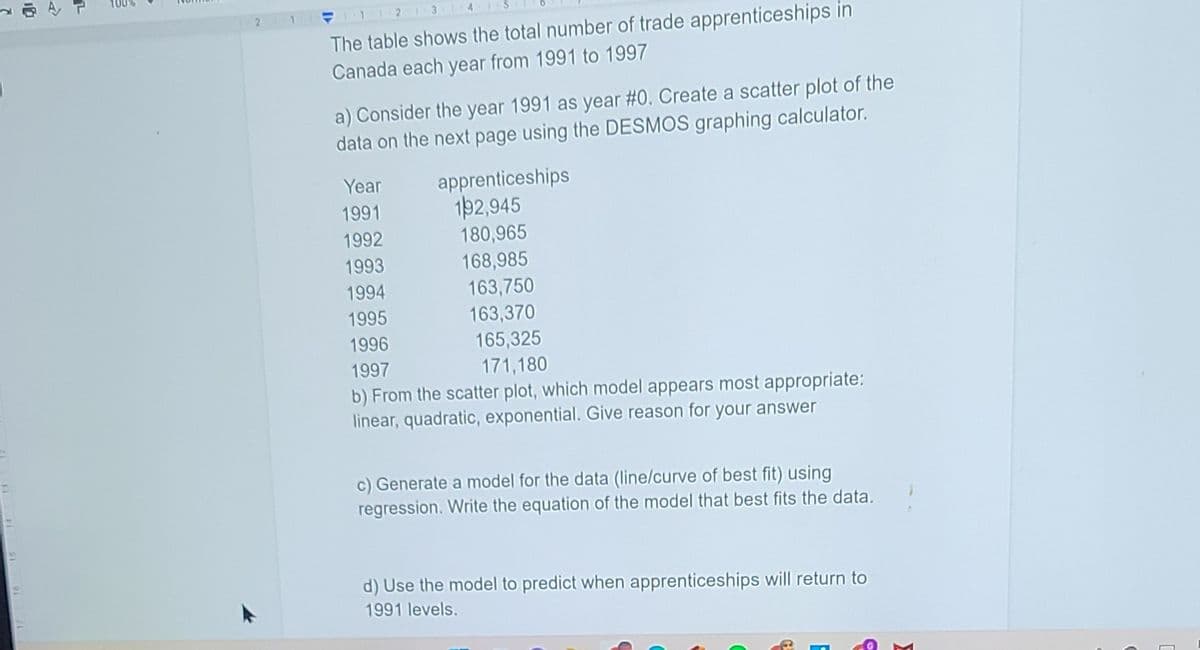 The table shows the total number of trade apprenticeships in
Canada each year from 1991 to 1997
a) Consider the year 1991 as year #0. Create a scatter plot of the
data on the next page using the DESMOS graphing calculator.
apprenticeships
192,945
Year
1991
1992
180,965
168,985
163,750
163,370
1993
1994
1995
1996
165,325
171,180
1997
b) From the scatter plot, which model appears most appropriate:
linear, quadratic, exponential. Give reason for your answer
c) Generate a model for the data (line/curve of best fit) using
regression. Write the equation of the model that best fits the data.
d) Use the model to predict when apprenticeships will return to
1991 levels.

