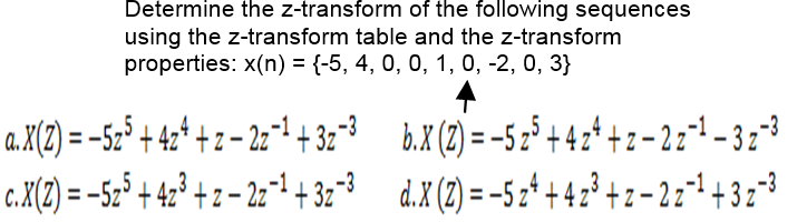 Determine the z-transform of the following sequences
using the z-transform table and the z-transform
properties: x(n) = {-5, 4, 0, 0, 1, 0, -2, 0, 3}
a.K(2) = -5;* + 4+* + z 2=" +3 bx(0) =-5: +4+*+z-2:1-31
c.X(2) = -52° + 4z² + 2 – 2z1 + 32 d.X (2) = -5 2* + 42³+z-2z'+323
